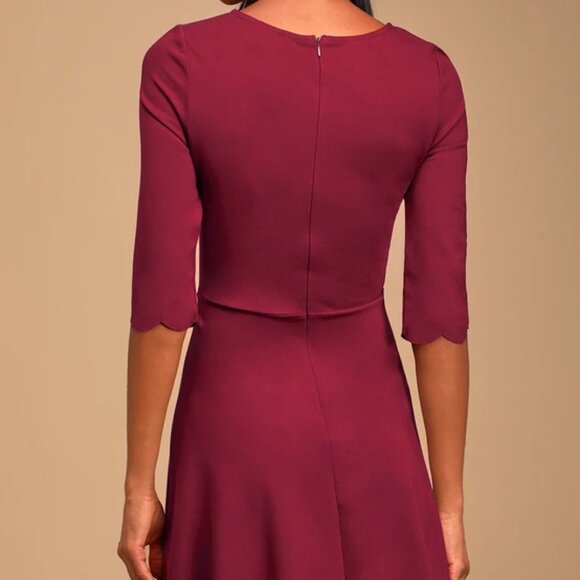 Lulus Cumulonimbus Clouds Burgundy Scalloped Skater Dress S - Picture 4 of 12